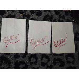 Vintage Hand-Embroidered "Hello" Handkerchiefs Set Of 3 White Cotton Red Stitchi